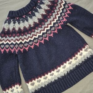 Crewcuts Fair Isle Navy Blue Pink Accent Glitter Heart Wool Blend Sweater Size 3
